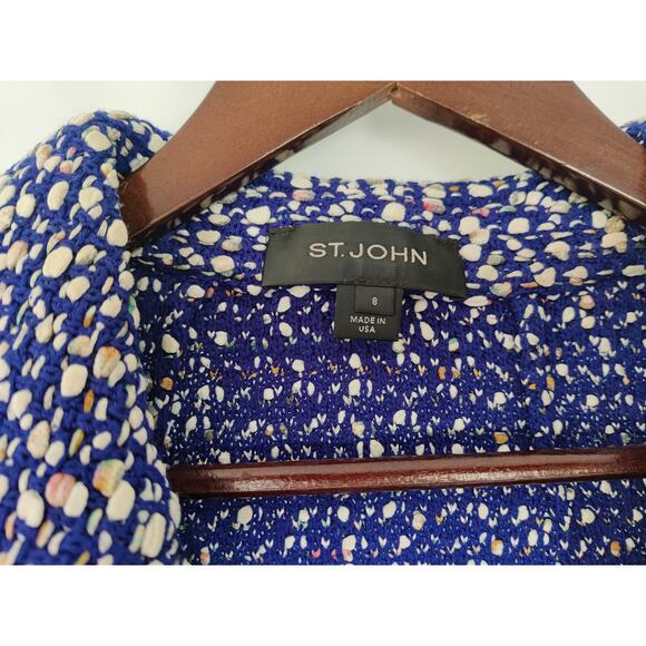 St. John Tweed Jacket Blazer Size 8 Collared Woold Blend Blue & White 3/4 Sleeve - Picture 3 of 12